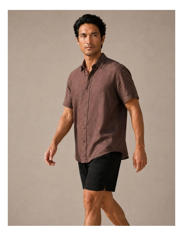 Classic Short Sleeve Linen Shirt - Chocolate image 3
