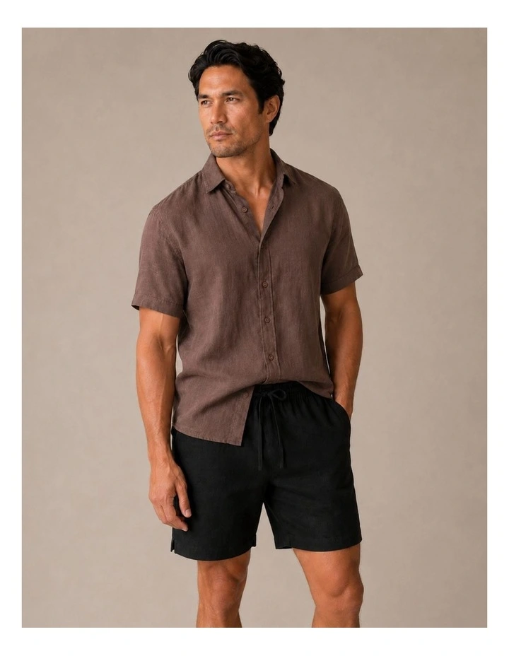 Classic Short Sleeve Linen Shirt - Chocolate image 4