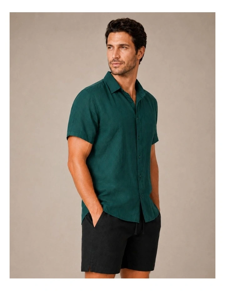Classic Short Sleeve Linen Shirt - Forest Green image 4