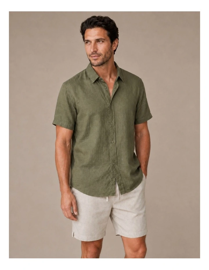 Classic Short Sleeve Linen Shirt - Olive image 1