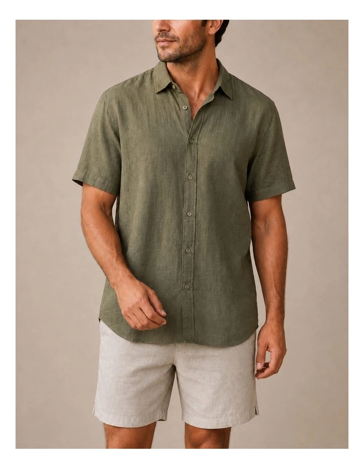 Classic Short Sleeve Linen Shirt - Olive image 3