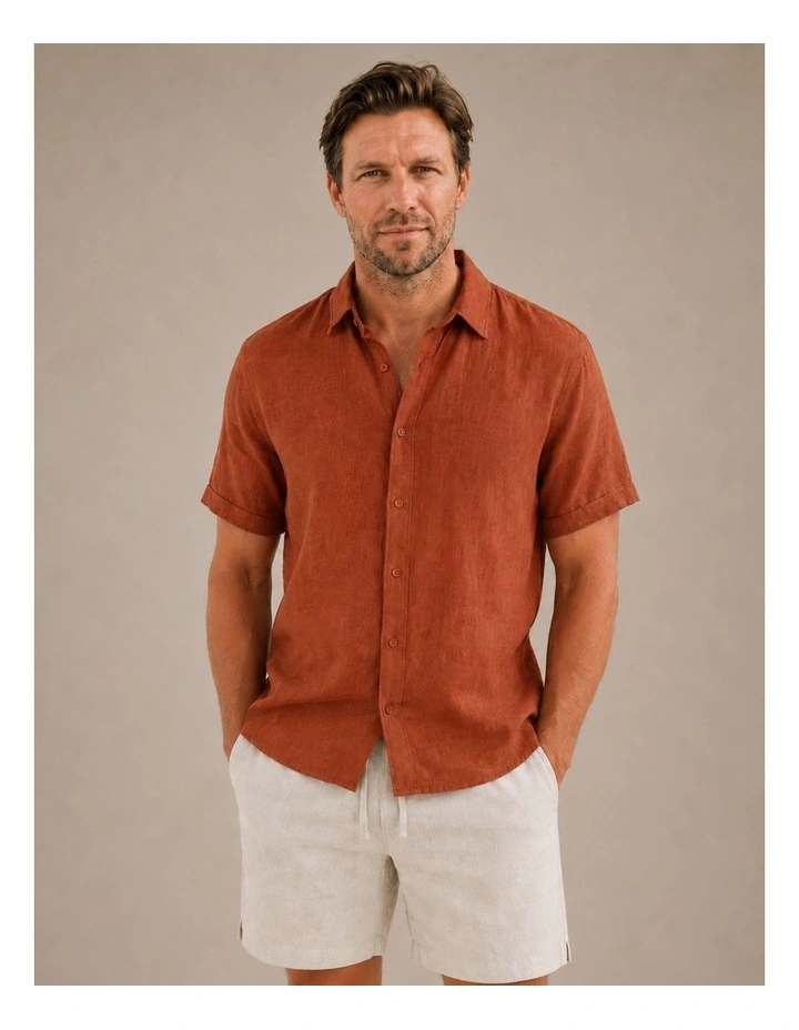 Classic Short Sleeve Linen Shirt - Terracotta image 4