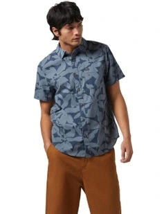 Charter Print Short Sleeve Woven Shirt in Azura Blue/Micro Floral