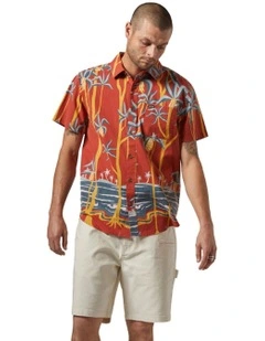 Charter Print Short Sleeve Woven Shirt in Dark Red Scenic Trip