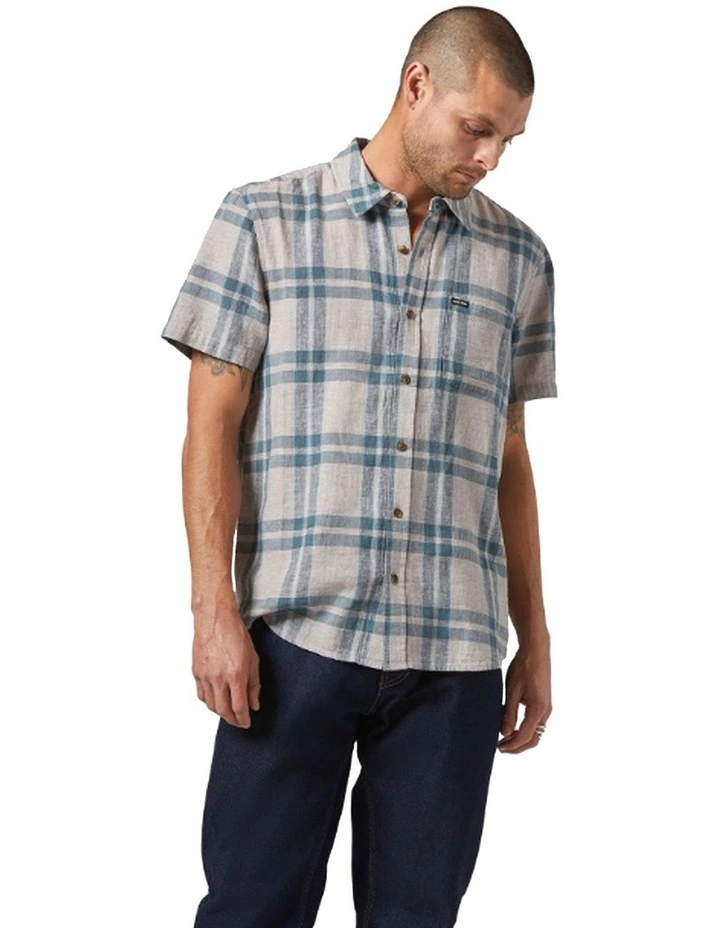 Charter Linen Blend Short Sleeve Woven Shirt in Beige/Azure Blue Plaid image 1