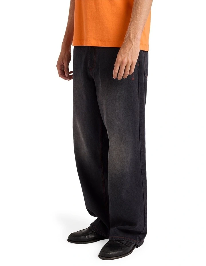 Stitch Baggy Denim Pants in Black image 3