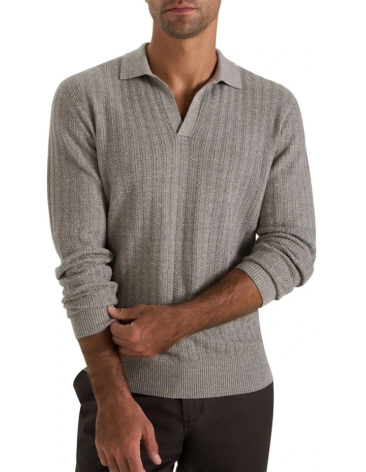 Harper Long Sleeve Polo T-shirt in Grey Mouline image 3