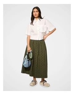 Broderie Midi Skirt in Olive