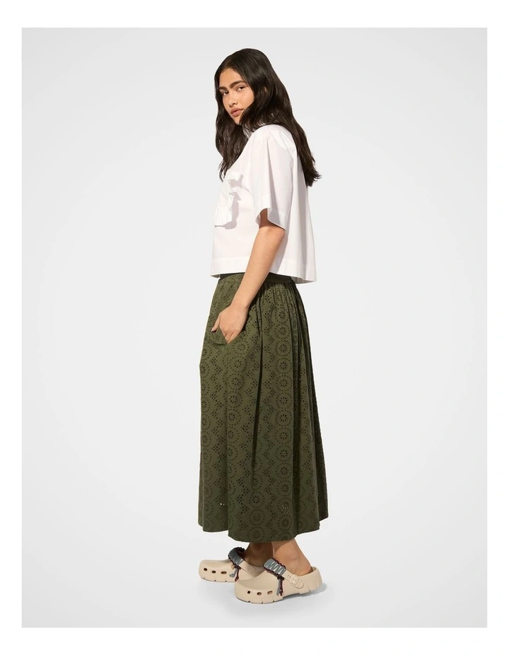 Broderie Midi Skirt in Olive image 3