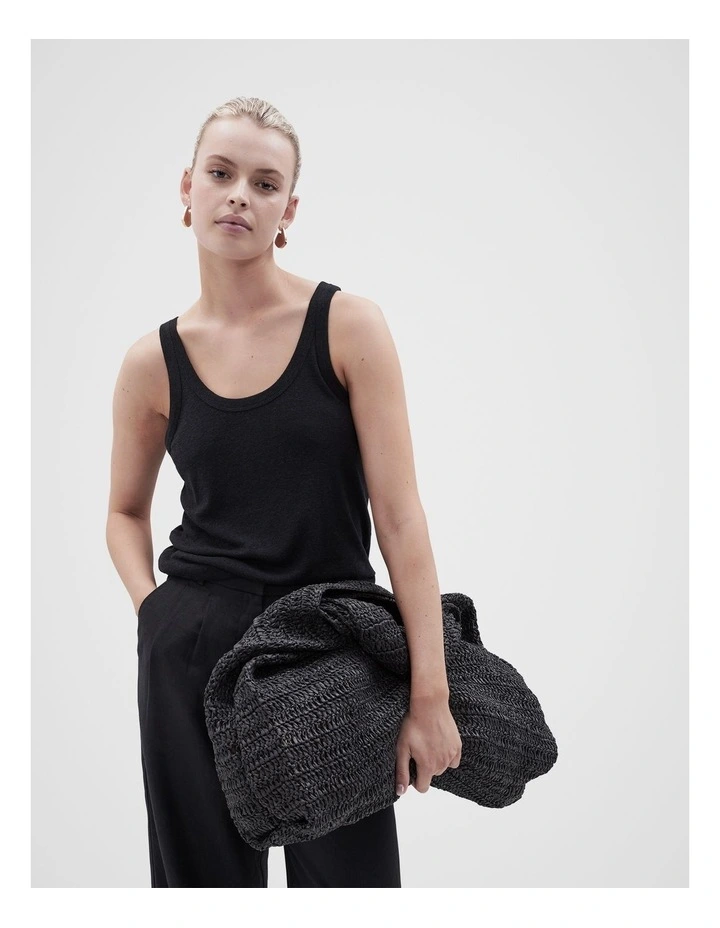 Linen Blend Scoop Neck Tank in Black image 1