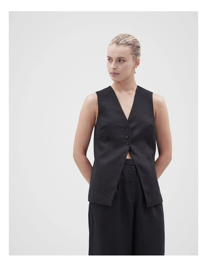 Linen Longline Vest in Black image 1