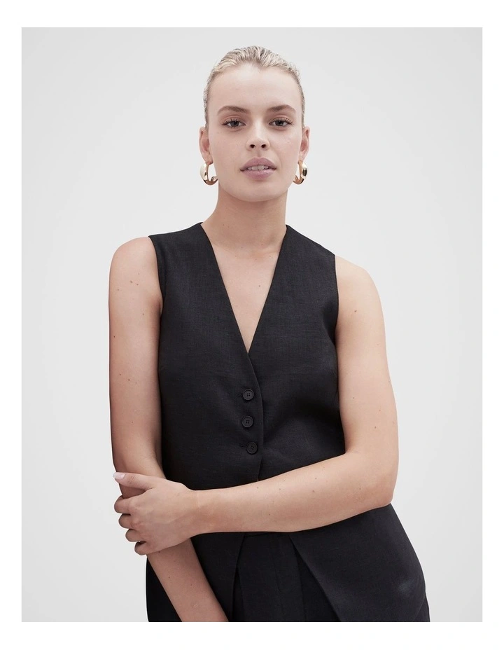 Linen Longline Vest in Black image 3