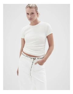 Ruched Mesh Fitted Tee in White