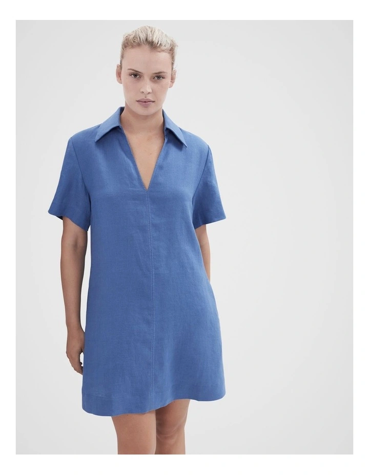 Collared Linen Dress in Blue image 1