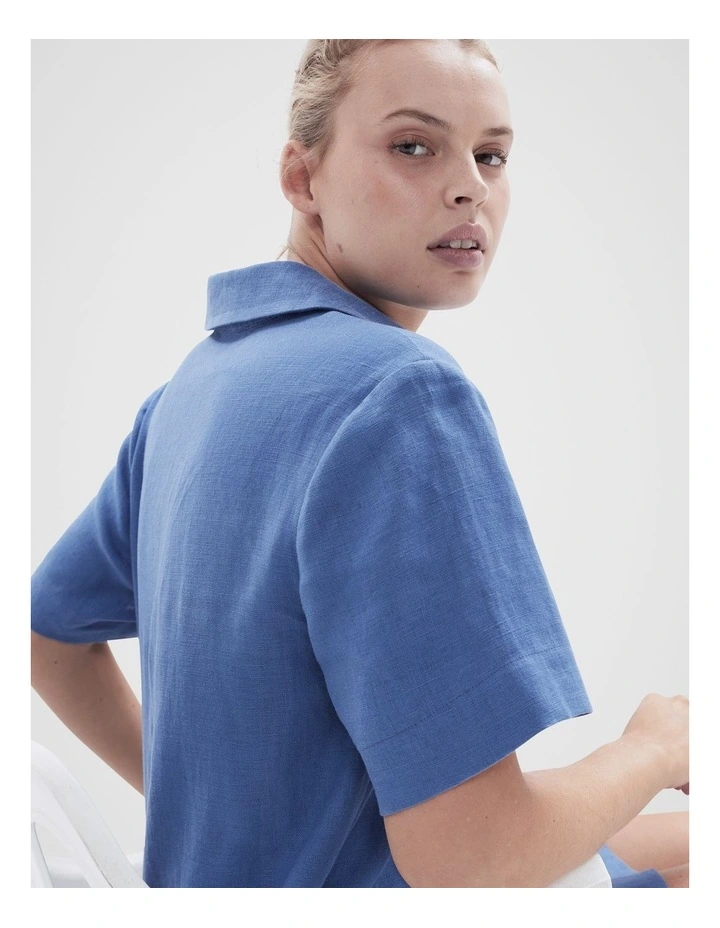 Collared Linen Dress in Blue image 3