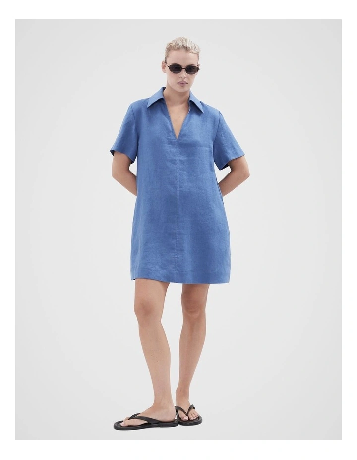 Collared Linen Dress in Blue image 4