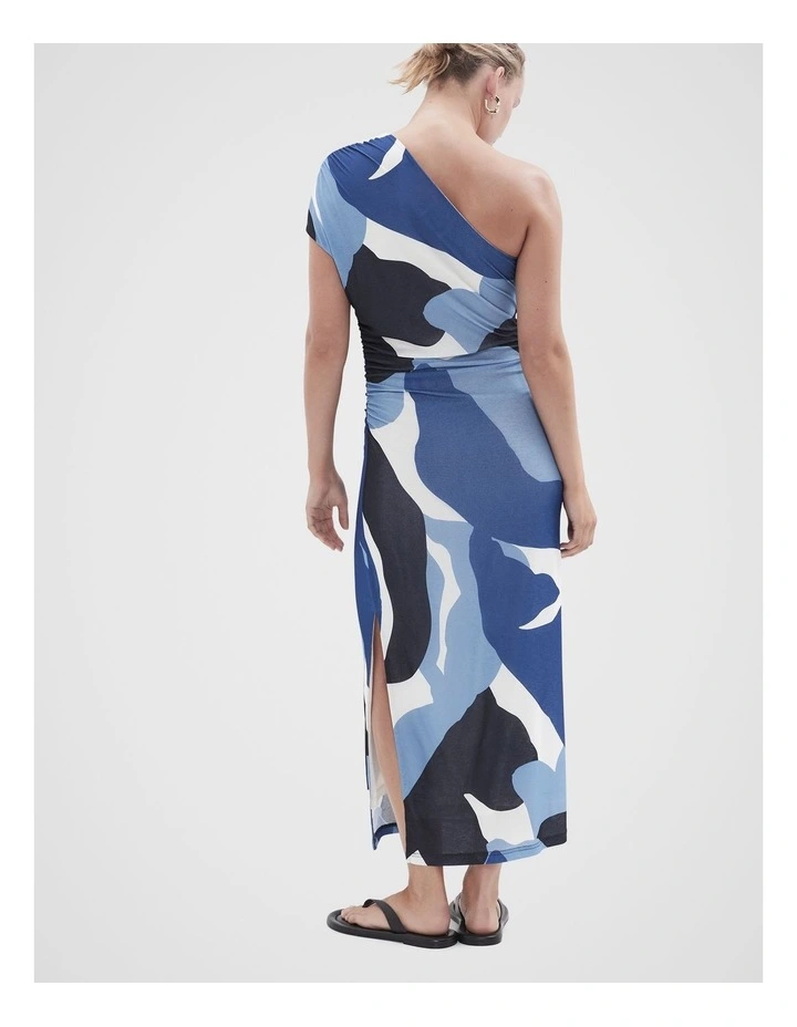 Ruched One Shoulder Dress in Blue image 2