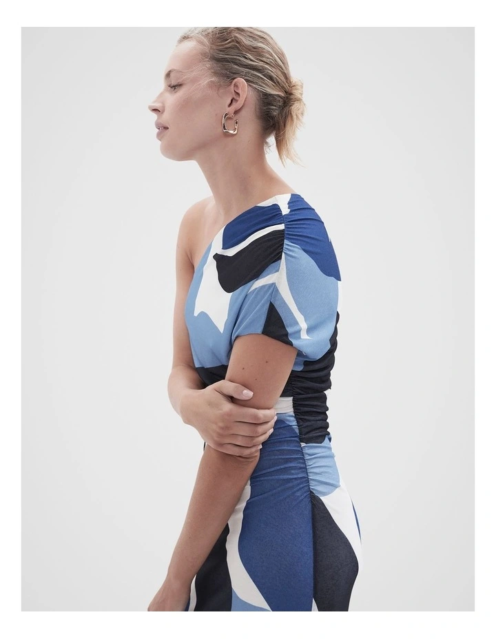 Ruched One Shoulder Dress in Blue image 3