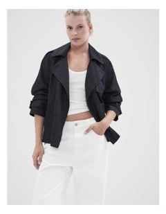 Denim Cropped Trench in Dark Denim
