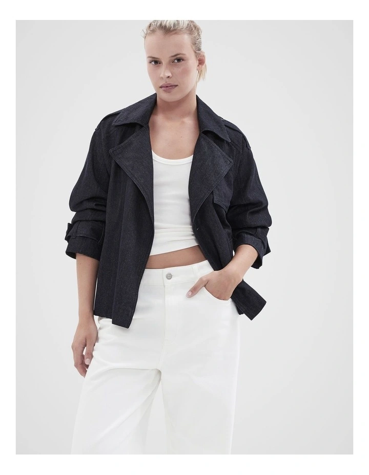 Denim Cropped Trench in Dark Denim image 1