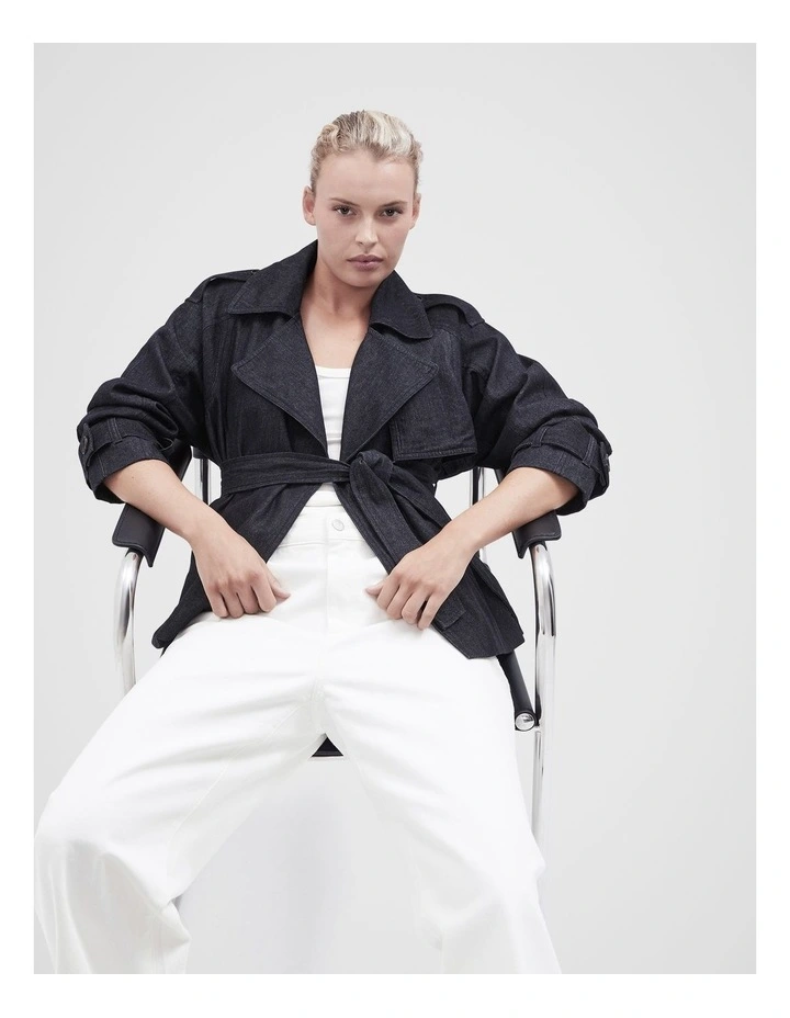 Denim Cropped Trench in Dark Denim image 4