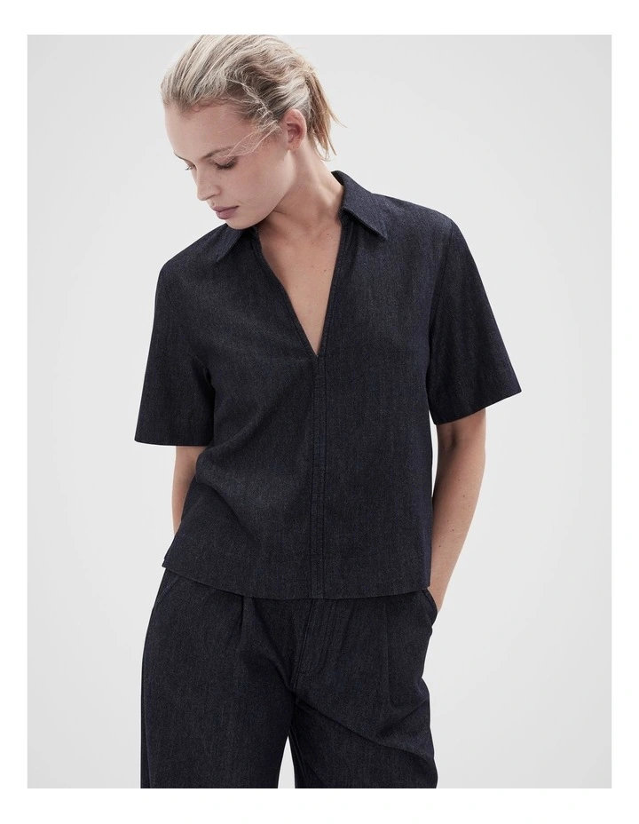 Collared Denim Popover Shirt in Blue image 1
