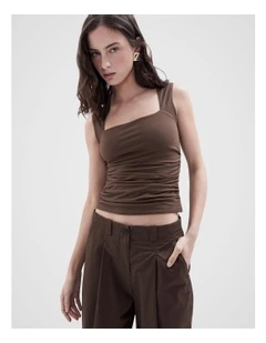 Ruched Detail Sleeveless Top in Brown