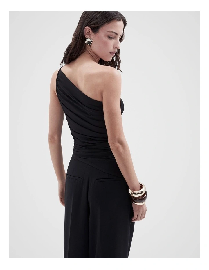 One Shoulder Ruched Top in Black image 2