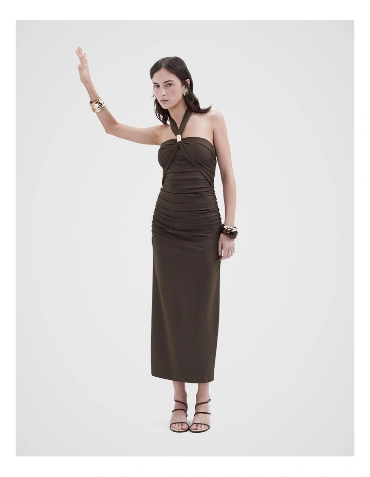 Ruched Halter Dress in Mocha image 1