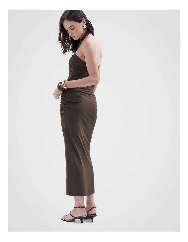 Ruched Halter Dress in Mocha image 2