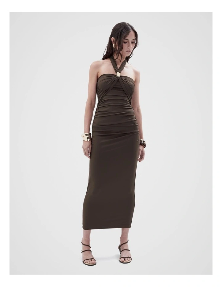 Ruched Halter Dress in Mocha image 4