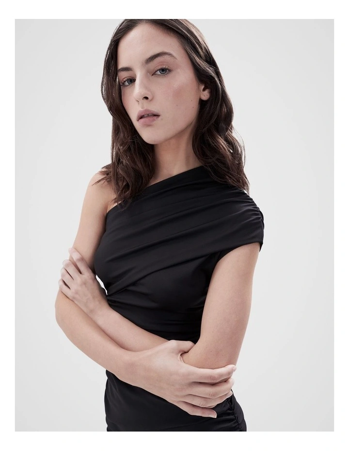 Ruched One Shoulder Mini Dress in Black image 3