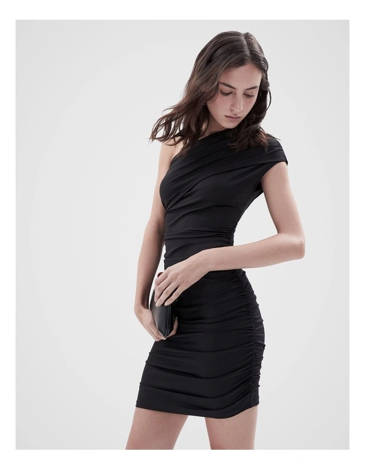 Ruched One Shoulder Mini Dress in Black image 4