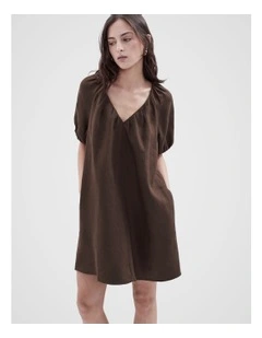 Linen Blouson Dress in Mocha
