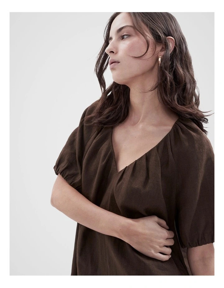 Linen Blouson Dress in Mocha image 3