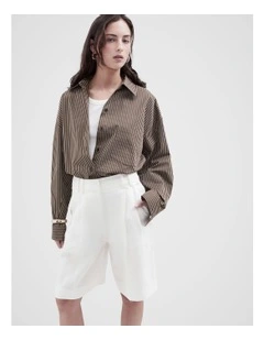 Stripe Cotton Oversized Shirt in Brown