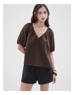 Linen Blouson Top in Brown