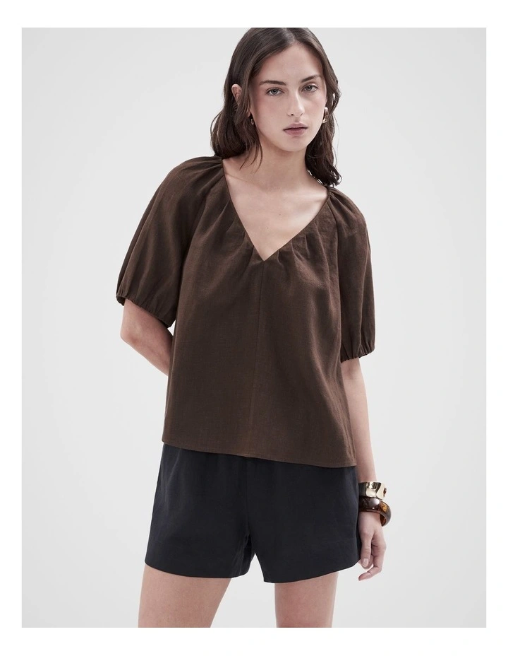 Linen Blouson Top in Brown image 1