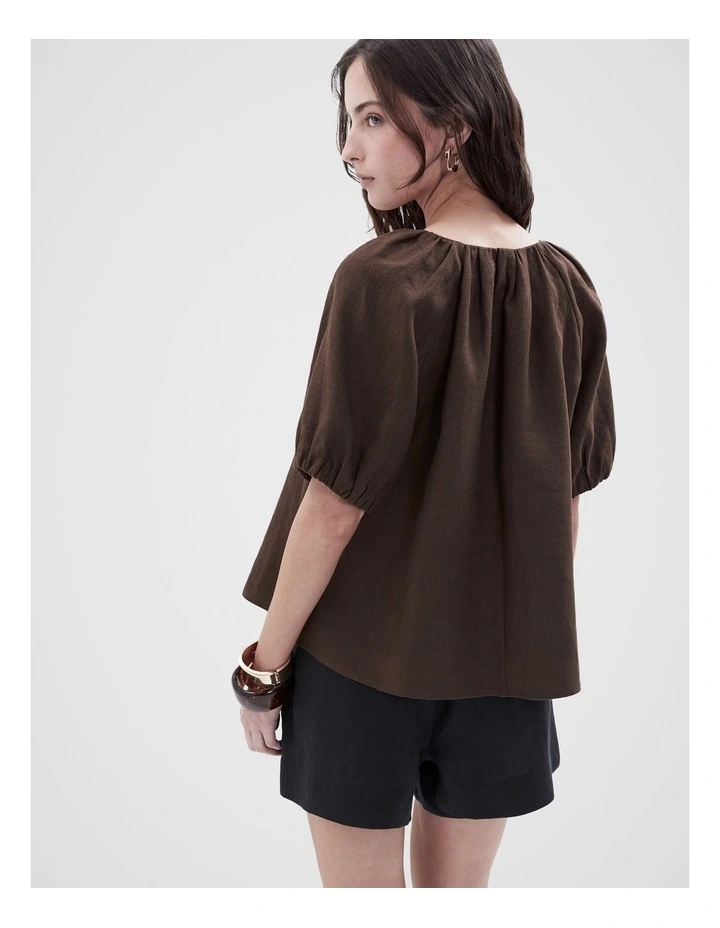 Linen Blouson Top in Brown image 2
