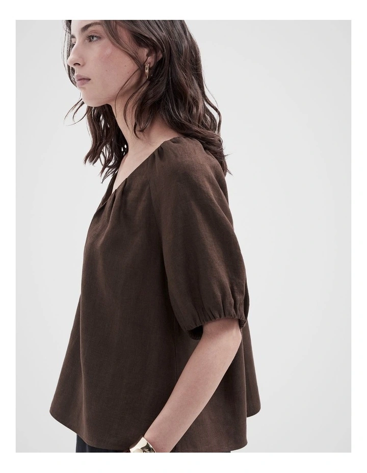 Linen Blouson Top in Brown image 3