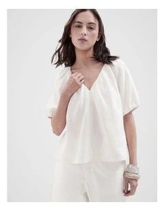 Linen Blouson Top in White
