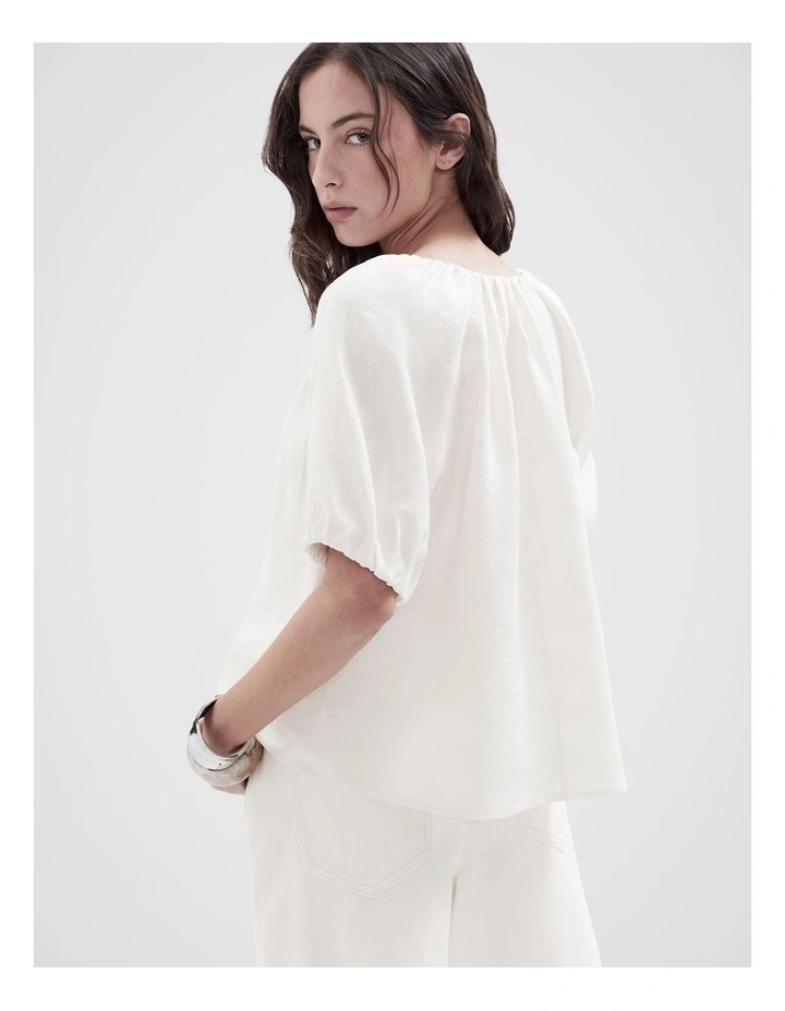 Linen Blouson Top in White image 2