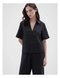 Collared Linen Top in Black
