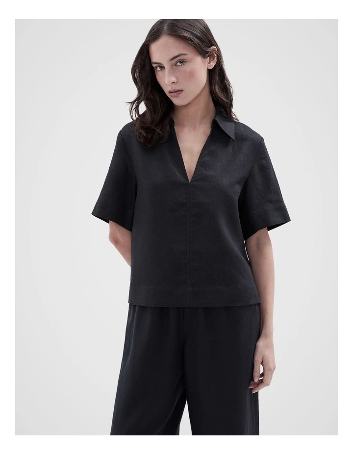 Collared Linen Top in Black image 1