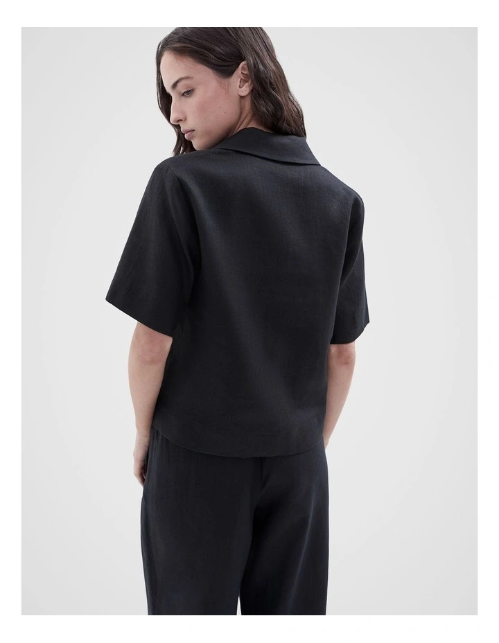 Collared Linen Top in Black image 2