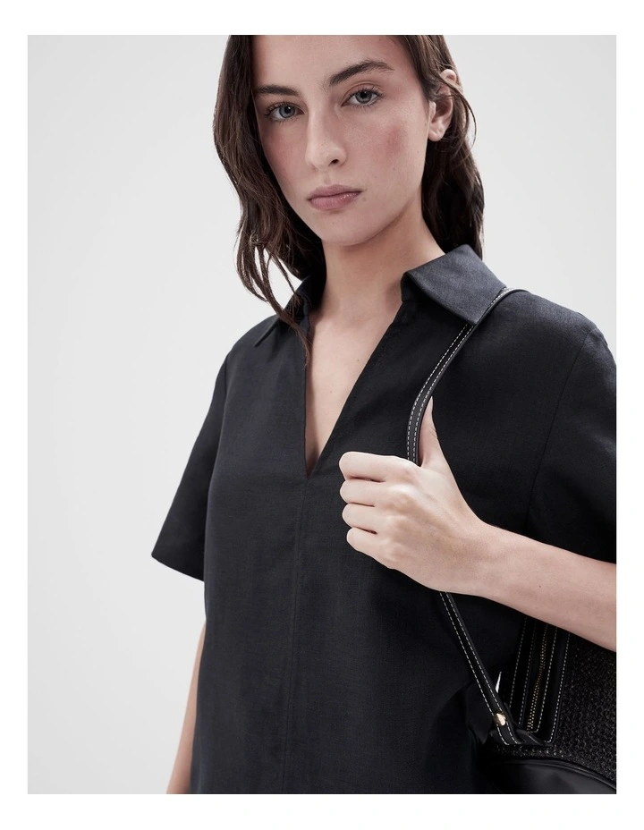 Collared Linen Top in Black image 3
