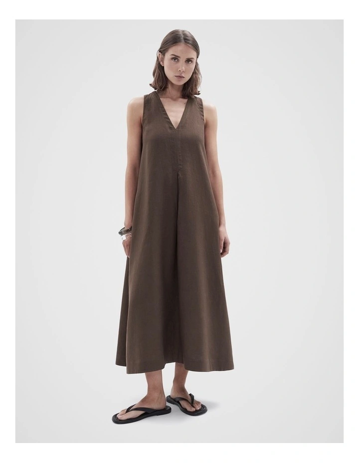 Linen V Neck Maxi Dress in Mocha image 1