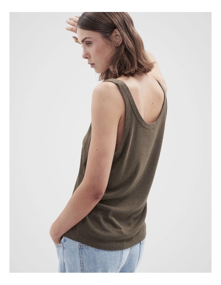 Linen Blend Scoop Neck Tank in Brown image 2