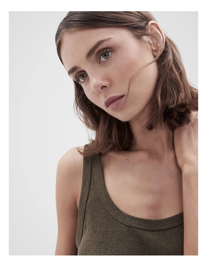 Linen Blend Scoop Neck Tank in Brown image 3