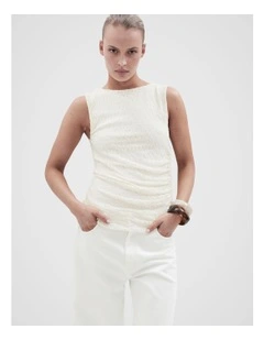 Sleeveless Lace Ruched Top in White